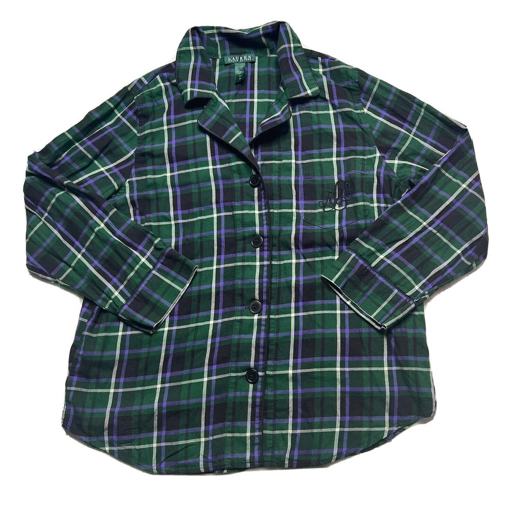 Lauren Ralph Lauren Women's Size XL Pajama Shirt Long Sleeve Blue Green Plaid